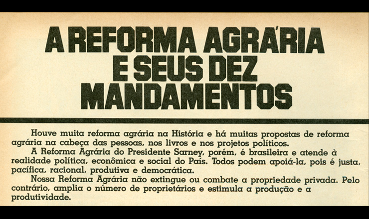         <strong> Resumo do PNRA, </strong> com os principais pontos do plano de reforma agrária do governo Sarney