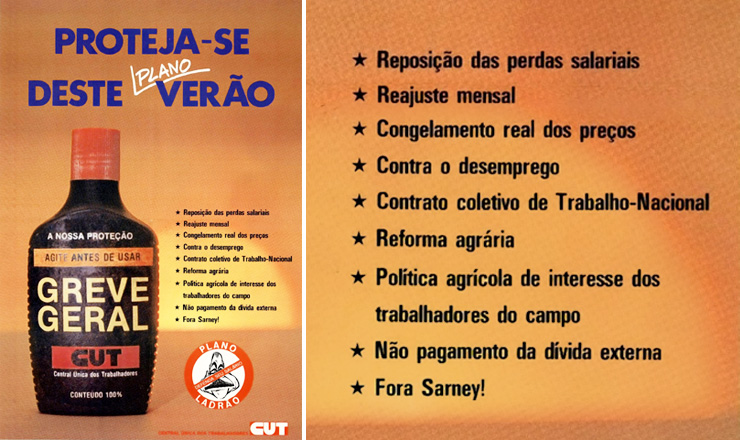  <strong> Cartaz de convocação</strong> da CUT para a greve geral que traz as reivindicações dos trabalhadores.  