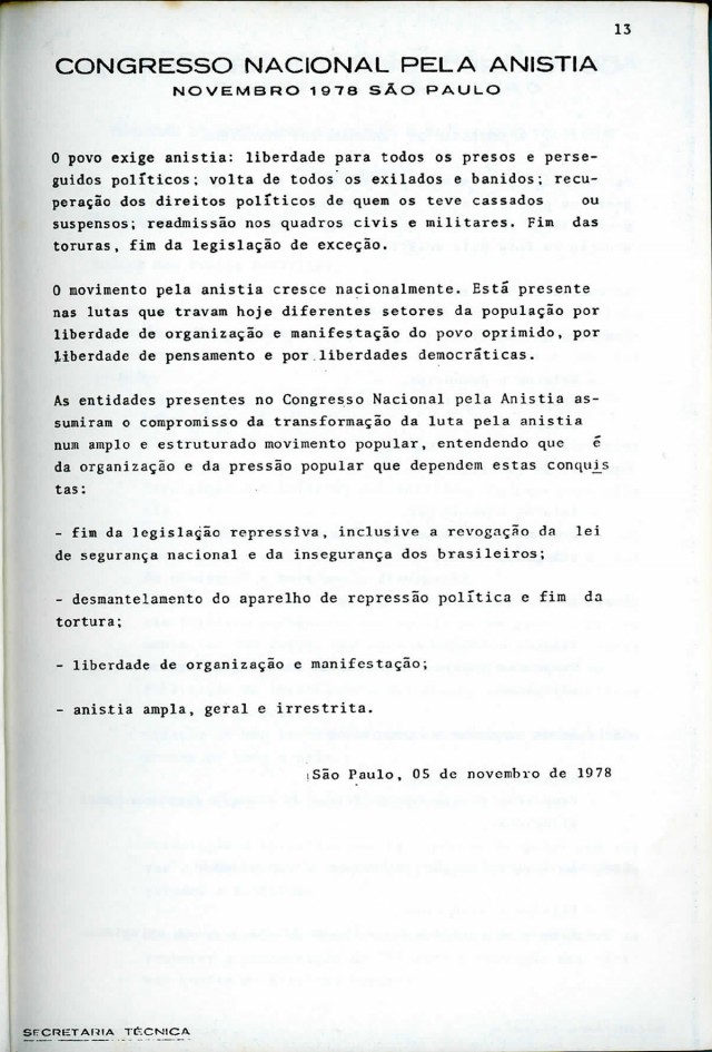  Congresso Nacional pela Anistia, São Paulo, 1978