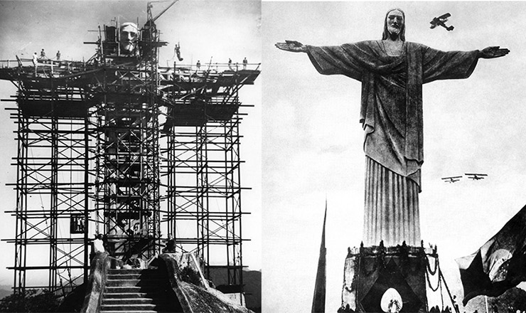  <strong> Cristo Redentor </strong> em dois momentos:<strong> </strong> em 1930 (durante a montagem) e na inauguração.